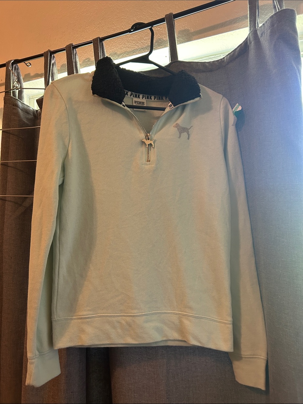 PINK Victoria's Secret Light Mint Quarter-Zip Pullover with Black Sherpa Collar